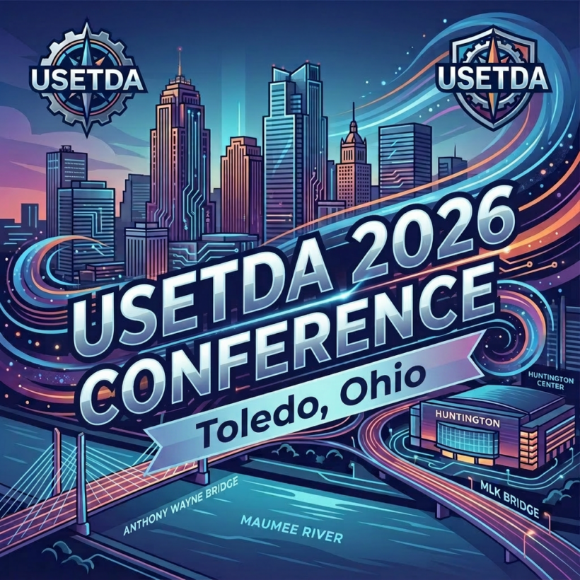 Illustrated Toledo skyline with bridges and Maumee River featuring USETDA logos and conference theme Navigating Winds of Change Toledo 2026